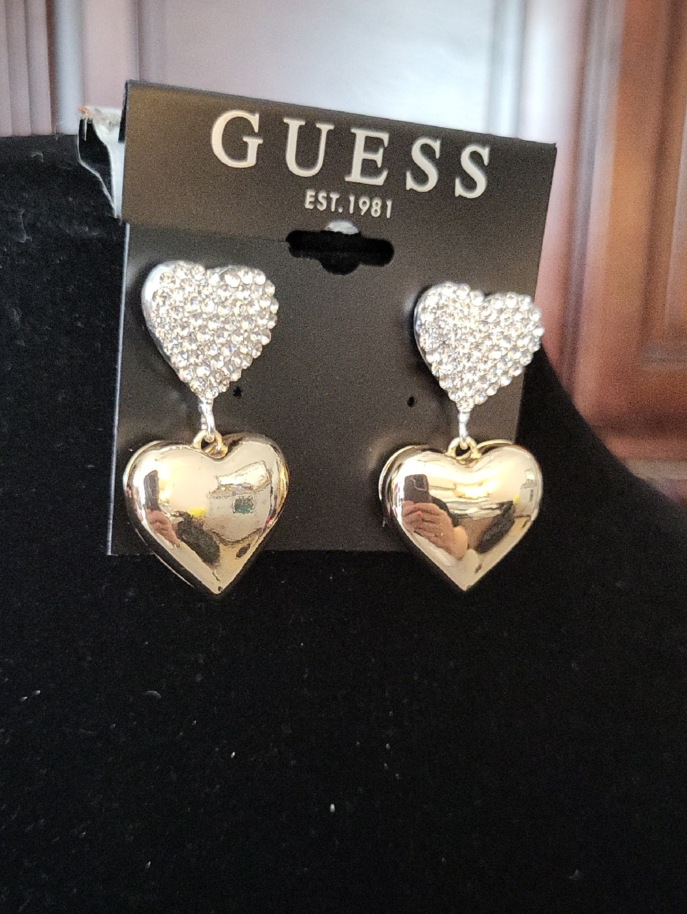 Guess Gold Puffed Heart Drop Earrings with CZs